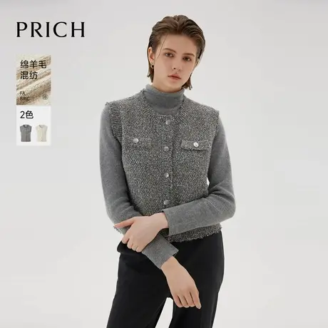 【绵羊毛】PRICH简约小香风针织无袖马甲冬季新款圆领上衣女商品大图