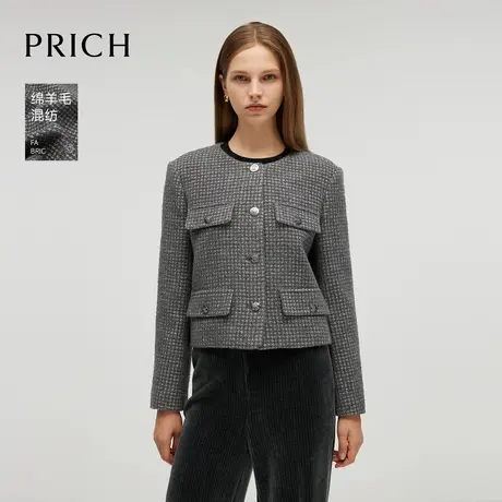 【超能小太阳严选】PRICH绵羊毛复古小香风西装粗花呢圆领外套女商品大图
