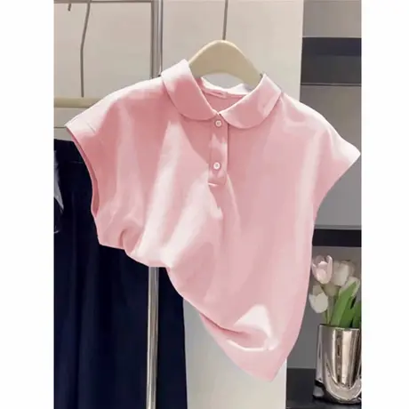 粉色少女风Polo领短袖T恤女夏装修身飞飞袖上衣 今年流行漂亮小衫图片