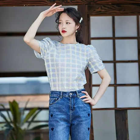 Oece淑女温柔小衫春夏季新款女装复古格纹圆领泡泡袖上衣衬衫商品大图