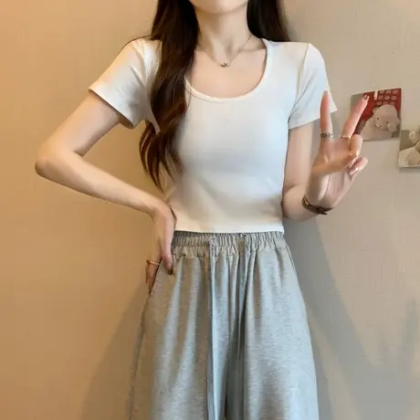 U领正肩短袖T恤女初夏修身韩版内搭打底衫短款小个子简约纯色上衣商品大图