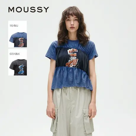 MOUSSY 2025夏季新品撞色拼接捏褶收腰印花短袖T恤010ISQ90-2341图片