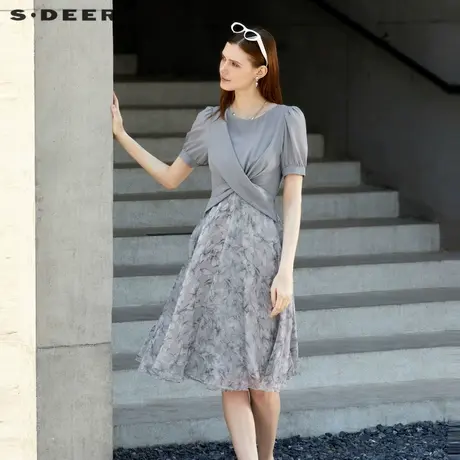 sdeer圣迪奥女装圆领欧根纱印花泡泡袖连衣裙S232Z12L2商品大图