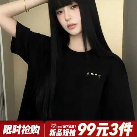 小众ins风设计感宽松黑色正肩t恤女短袖宽松显瘦重磅纯棉半袖上衣商品大图