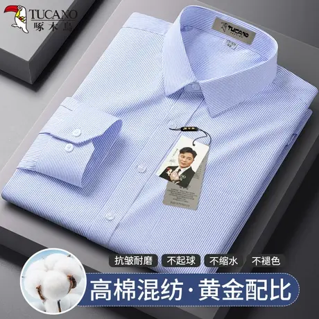 啄木鸟新款蓝色条纹男款长袖免烫衬衫中年休闲正装春夏薄款有口袋图片