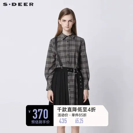 sdeer圣迪奥学院风翻领格纹拼接衬衫长袖连衣裙S21381201商品大图