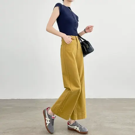 九分黄色阔腿牛仔裤女夏季2025薄款高腰宽松显瘦直筒小个子八分裤商品大图