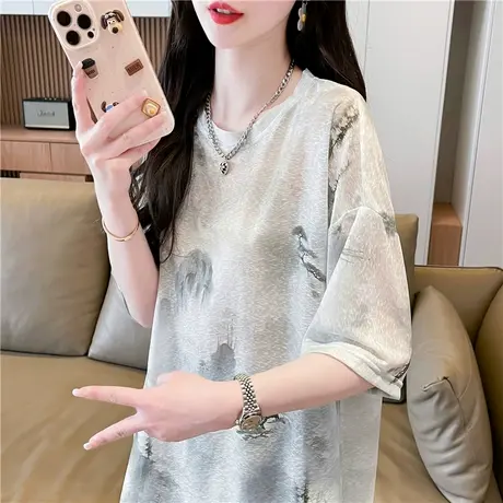 冰丝薄款短袖t恤女夏季韩版宽松大码女装中长款胖mm遮肚子上衣服图片