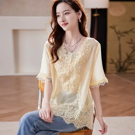 宝诗黎蕾丝拼接宽松短袖T恤女2025夏季韩系气质百搭休闲镂空上衣图片