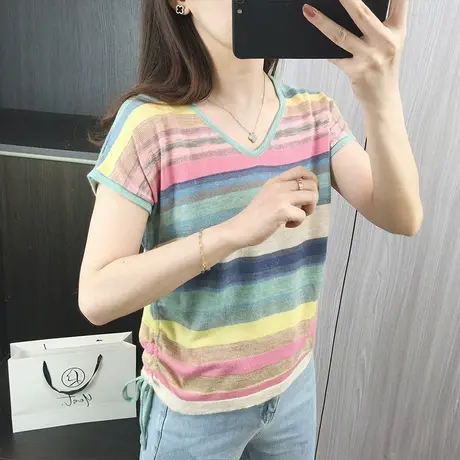 V领条纹撞色年轻时尚T恤2024年新款夏装女士新品内搭修身显瘦上衣商品大图