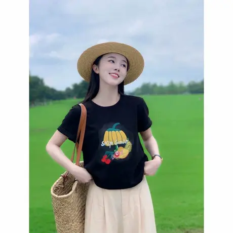 2025新款夏季趣味涂鸦印花常规短袖t恤女圆领慵懒风宽松黑色上衣图片