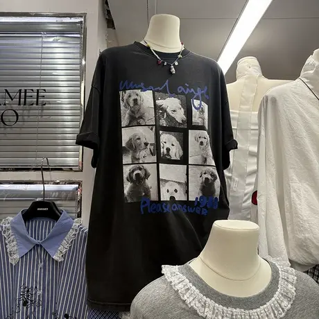 韩国东大门2025新款美式复古金毛小狗重磅纯棉短袖t恤女中长款图片