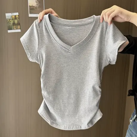 辣妹甜飒风V领褶皱收腰短袖T恤女夏季修身韩版短款正肩半袖上衣服商品大图