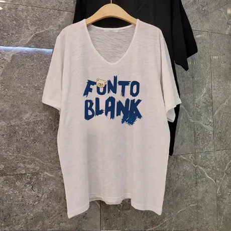 美式字母t恤女竹节棉V领设计感ins潮小众短袖夏胖mm显瘦遮肉上衣商品大图