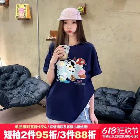 2025新款超显白藏蓝色短袖t恤女小众可爱风卡通印花正肩半袖上衣商品大图