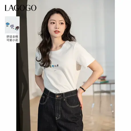 LAGOGO纯棉印花简约白色T恤女拉谷谷2025年春夏新款甜美短袖上衣商品大图