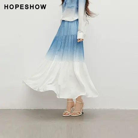 红袖2025秋季新款女装渐变晕染拼接松紧腰A字中长半身裙商品大图