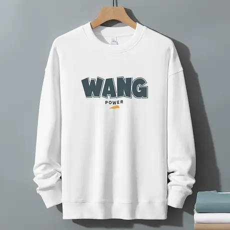 350g重磅白色卫衣男秋冬款宽松潮流百搭套头无帽圆领印花长袖t恤商品大图