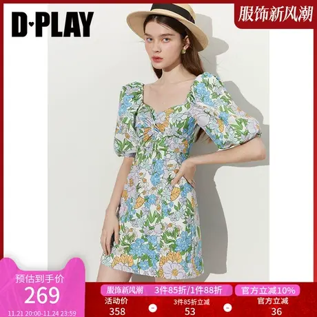 DPLAY秋装法式度假风新中式宫廷领蓝调繁花青花瓷印花连衣裙商品大图