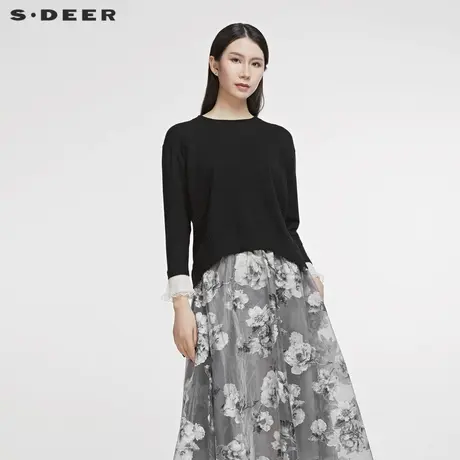 sdeer圣迪奥文艺圆领蝙蝠袖基本款黑色长袖针织衫毛衣女S20183527图片