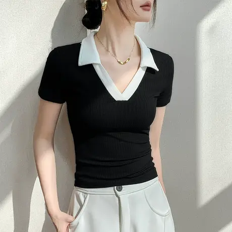 白色POLO衫短袖T恤女2025夏季新款设计感v领修身显瘦撞色打底上衣图片