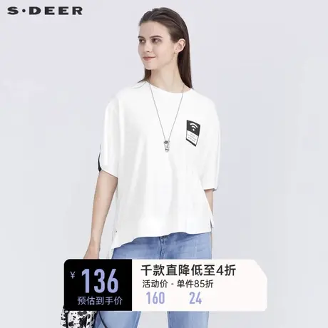 sdeer圣迪奥女装夏季个性圆领印花飘带宽松白色短袖T恤S21280126图片