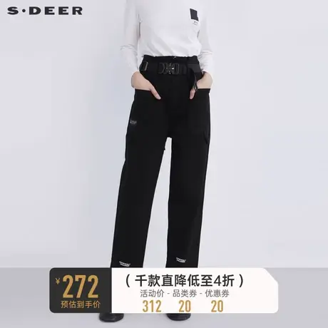 sdeer圣迪奥冬装抽褶高腰字母印花直筒黑色长裤S21480823图片