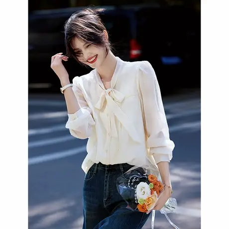 时尚气质长袖衬衫2025年春季新款女知性温柔淑女百搭领结纯色上衣商品大图