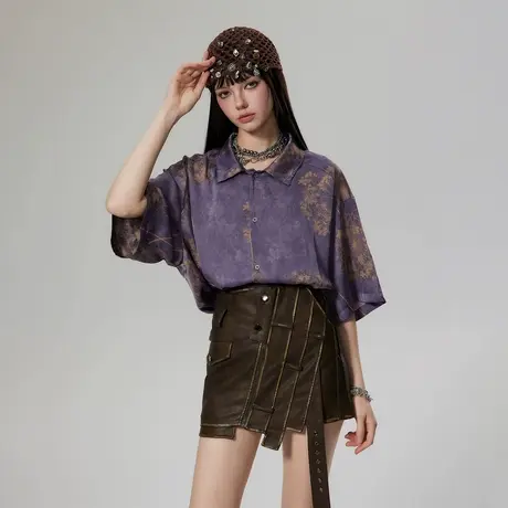 潮牌设计感扎染衬衫女2025新款夏季复古短袖衬衣宽松街头百搭上衣图片