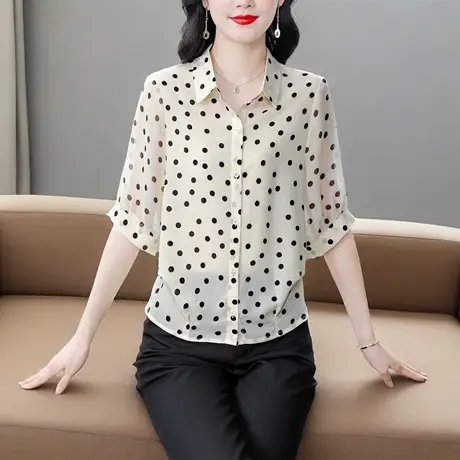 时尚波点短袖雪纺衬衫女夏季新款洋气减龄宽松遮肉显瘦妈妈上衣商品大图