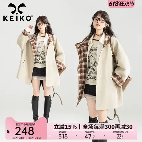 KEIKO 复古通勤拼格子廓形风衣女25春季英伦风小个子显瘦翻领外套商品大图