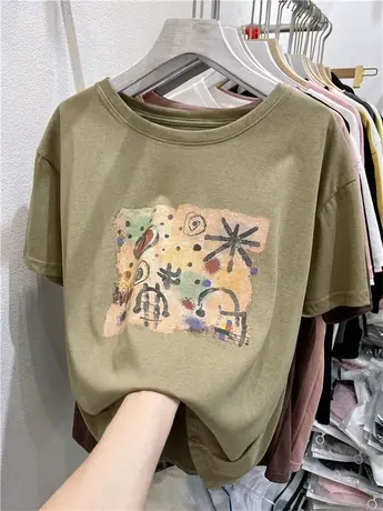 2024夏装新款韩版百搭t恤宽松显瘦涂鸦字母雪花棉圆领短袖上衣女商品大图