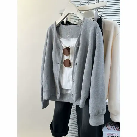 法式chic港风纽扣开衫长袖卫衣女春秋季薄款韩版宽松显瘦V领上衣图片