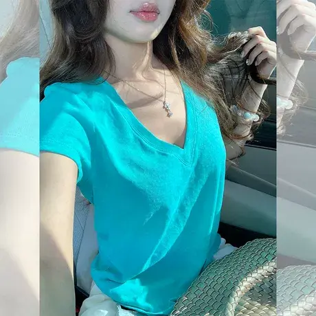 纯欲性感V领正肩短袖T恤女夏季韩版修身打底衫雪花棉辣妹半袖上衣商品大图