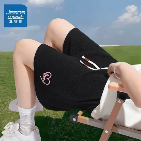 KMV真维斯黑色短裤外穿a字女2025夏新款小个子高腰宽松休闲三分裤商品大图