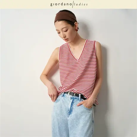 GL2025夏季新款条纹无袖T恤女航海风珠地布V领针织背心女02325033商品大图