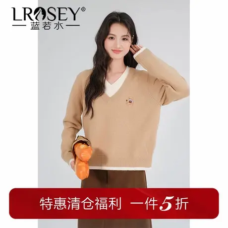 蓝若水大码女装假两件V领针织衫胖MM秋装学院风刺绣宽松毛衣商品大图