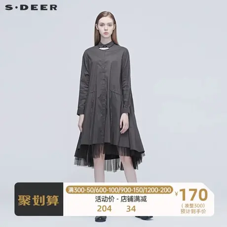 sdeer圣迪奥女装休闲翻领网纱拼接收腰连衣裙S20381205商品大图