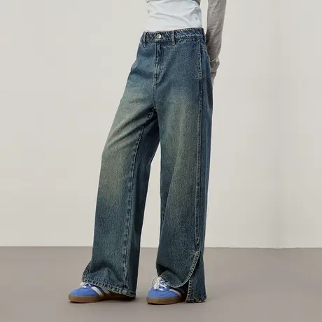 omont蛋挞家 复古水洗直筒牛仔裤2025春季高腰休闲显瘦开衩长裤子商品大图