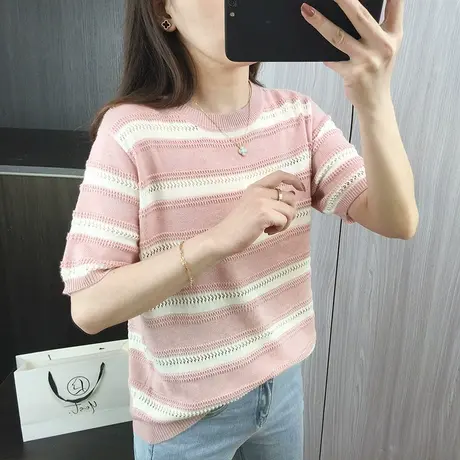 圆领时尚简约T恤2024年女装女士精品夏季宽松针织上衣透气镂空薄图片