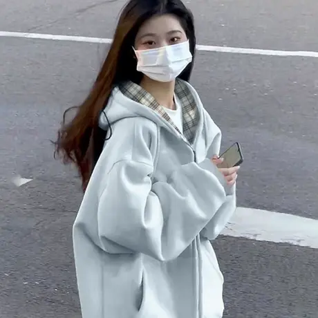 春秋季多巴胺大码卫衣外套女日系chic连帽拉链开衫格子设计感上衣商品大图