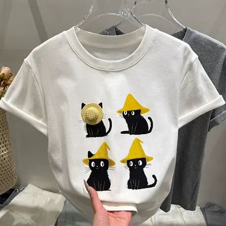 2025夏季新款猫咪卡通印花短袖T恤女修身显瘦圆领减龄打底衫上衣商品大图