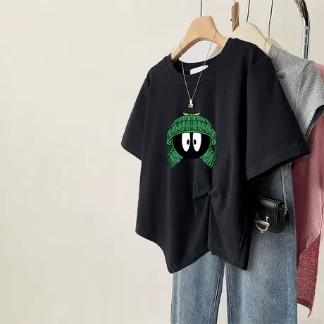 独特印花T恤女夏季港味复古小个子显高短袖ins潮大码短款洋气上衣商品大图