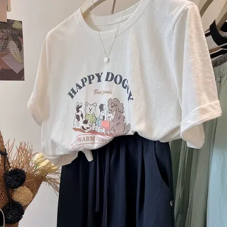 happy狗狗印花t！韩系减龄薄款透气宽松圆领百搭套头短袖T恤女夏图片