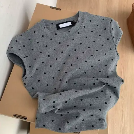 灰色波点修身正肩短袖T恤女2025夏季新款miu系高级感独特上衣图片