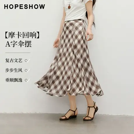 红袖2025秋季新款女装【摩卡回响】格纹插片拼接松紧腰A字半裙商品大图