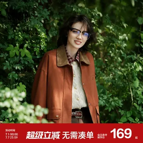 森马外套女中长款拼色灯芯绒翻领复古2024新款秋刺绣宽松夹克时尚图片