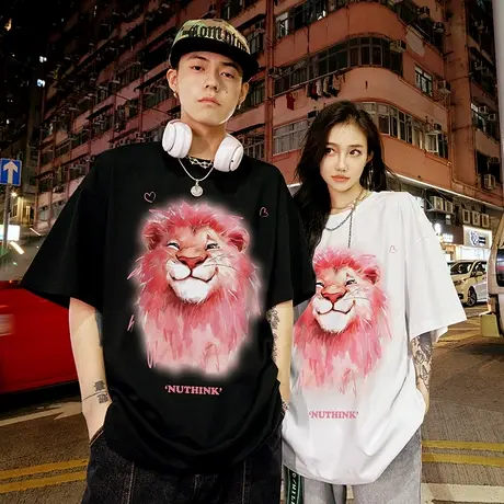 Nuthink重磅小众情侣狮子短袖男夏季美式T恤潮流宽松大码半袖上衣图片