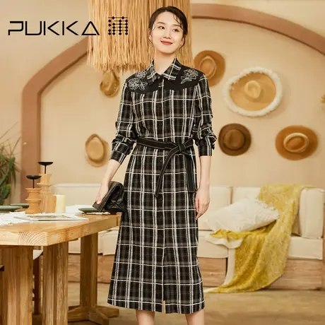 蒲PUKKA 女装棉质连衣裙秋冬季设计感格纹衬衫裙商场同款图片