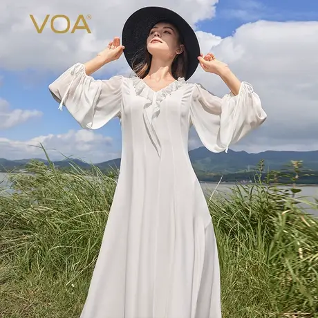 VOA30姆米重磅桑蚕丝牛奶白荷叶边V领系带灯笼长袖透气真丝连衣裙图片